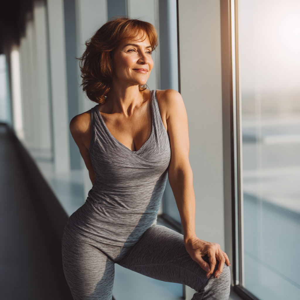 Smiling middle-aged Ukrainian woman in athletic wear doing stretching exercises in a bright, modern fitness studio