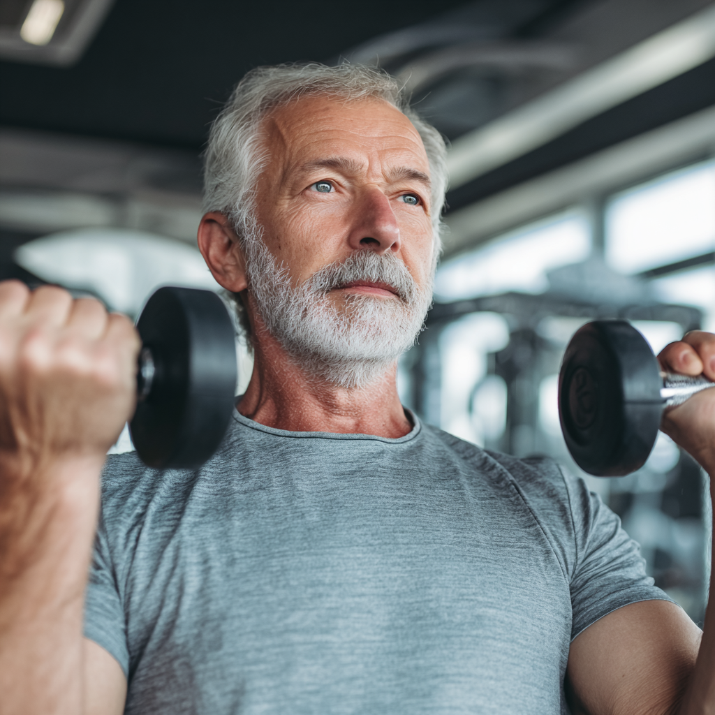Professional Ukrainian man in his 40s demonstrating proper posture exercises at a modern office space