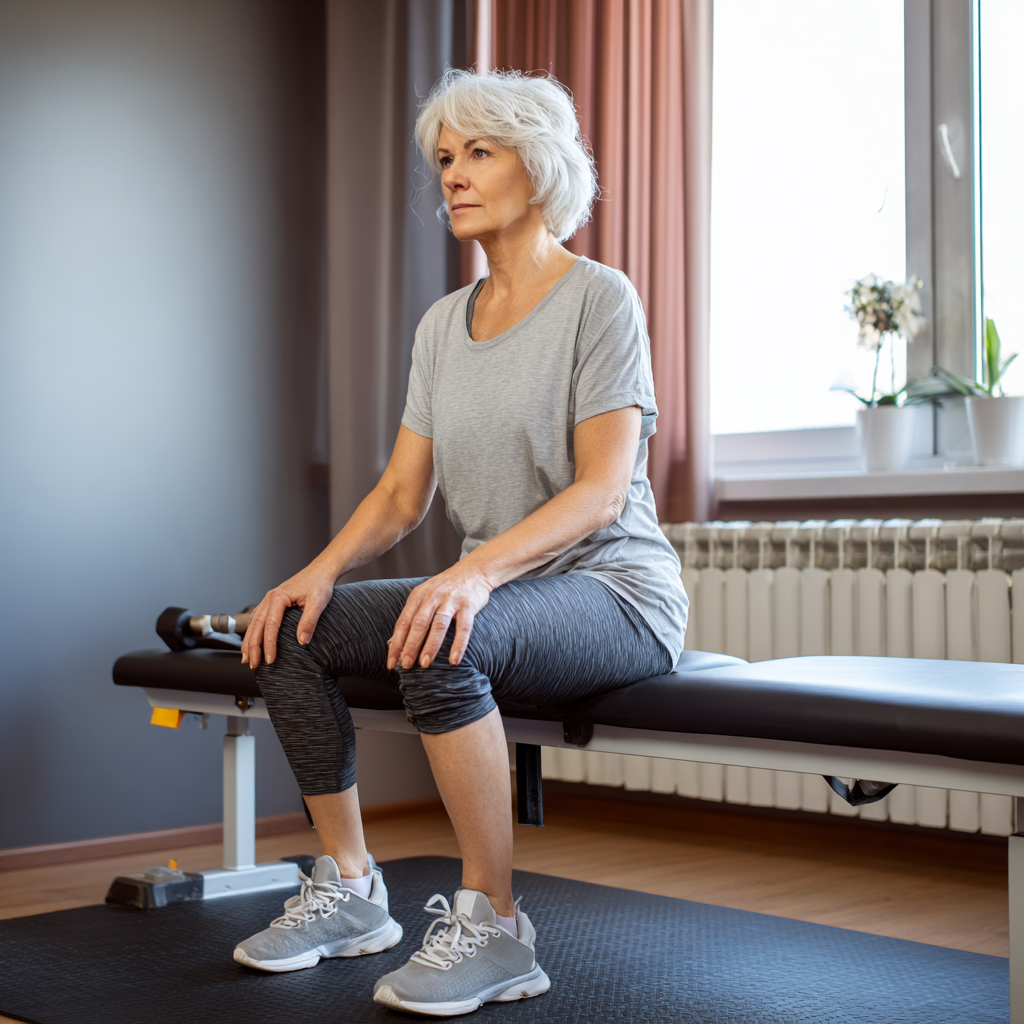 Senior Ukrainian woman in her 60s demonstrating low-impact knee strengthening exercises in a physiotherapy clinic